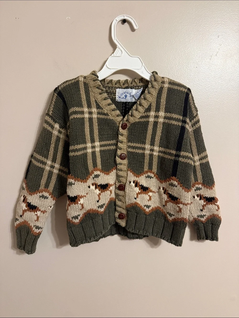 Vintage Kitestrings Plaid Cardigan Sweater Knit with Dog Print Beagle 4T Novelty